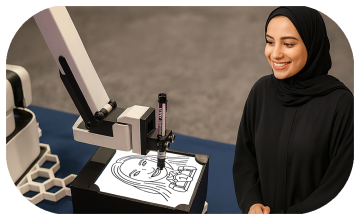 Sketch Robot creating a live AI caricature for a guest at a Dubai event, with fun mini-body themes and on-the-spot printing for branded souvenirs.
